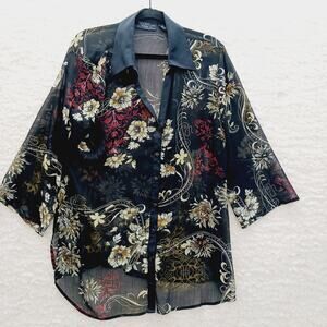 Blouse Kimono NY Design Button-Up Sheer Floral Resort Office Siren Cruise Size L